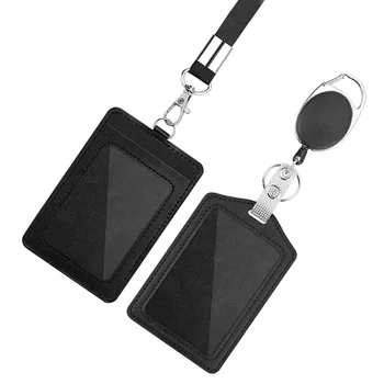 2PCS/Set עור Pu שחור כרטיס תג מחזיק תיק ID שרוך תג שם כרטיס העבודה קליפ מחזיק מפתחות כרטיס שק עם שרוך