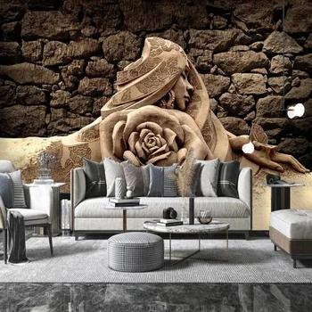 מותאם אישית בכל גודל רטרו 3D עם תבליט אבן חול פסל היופי רוז פרחים טפט עבור חדר השינה, הסלון רקע קיר בעיצוב