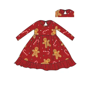 סיטונאי בוטיק ילדה שרוולים ארוכים לסובב את השמלה man Gingerbread תינוק תינוק חג מולד תלבושות בנות חמוד בגדים אדומים