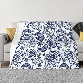 אולטרה-רך צמר כחול לבן בציר פייזלי סגנון לזרוק שמיכה חמה פלנל פרחים דפוס שמיכות על המיטה בבית הספה, השמיכה