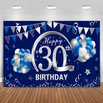 מותאם אישית שמח 30 מסיבת יום הולדת קישוט רקע באנר שלושים בן 30 כחולה סילבר צילום על רקע גברים נשים