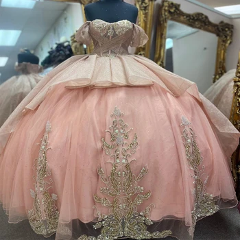 ורוד מתוק נצנצים בלינג 16 הטקס שמלות עם אפליקציה של תחרה חרוזים מחוך השמלה Vestidos דה-15 Anos המסכות