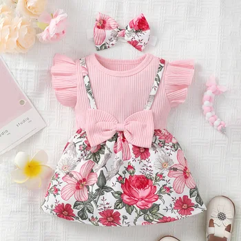 היילוד O-צוואר שמלות ילדה בגדי ילדים חדשים רומפר ורוד עם פסים פרח הדפסה שמלה קצרה שרוולים ילדים