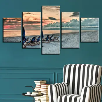 הים כסאות חוף השקיעה ציור 5 פנל בד הדפסת אמנות קיר לעיצוב הבית HD להדפיס תמונות פוסטר לא ממוסגר 5 חלקים.