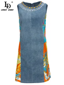 תעודת זהות לינדה דלה מעצב אופנה שמלת הקיץ של הנשים ללא שרוולים יוקרה קריסטל חרוזים ג ' ינס טלאים הדפסה קצרים טנק השמלה