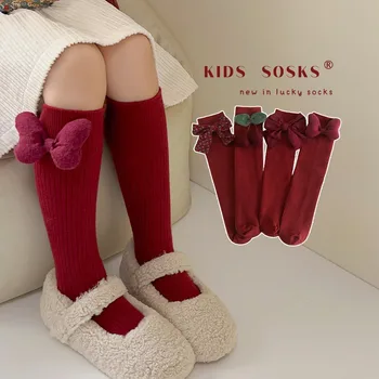 ילדים גרביים אדומות השנה החדשה ילדה תינוק תלת מימדי קשת חמוד החוץ ילדה סגנון נסיכה גרביים