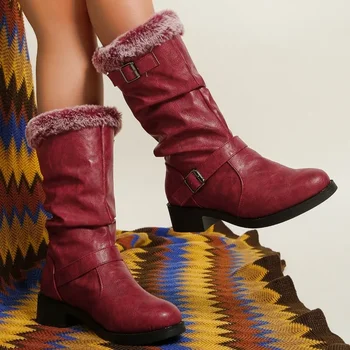 נעלי נשים 2023 להחליק על נשים' מגפי חורף עגול הבוהן מוצק קטיפה חם אבזם קישוט נמוך עקבים מגפיים מערביים פאטוס