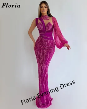 מעולה פוקסיה כתף אחת שמלות לנשף טורקית פאייטים צוואר גבוה קוקטייל שמלת מסיבת חתונה דובאי בתולת ים שמלות ערב