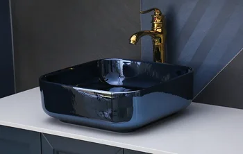 חדר אמבטיה חדש מותאם אישית כחול קרמיקה הכיור הסיטוניים שולחן מרובע אגן