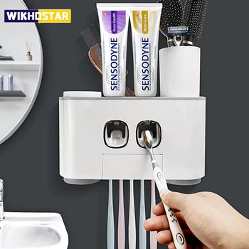 WIKHOSTAR מתקן משחת שיניים אוטומטי מגנטי, מחזיק מברשת שיניים אביזרי אמבטיה סט קיר רכוב מסחטת משחת שיניים