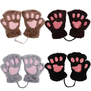 חם חדש הבחורה נשים חמה קטיפה רך Multi-צבע החתול דוב כף כפפות בלי אצבעות החורף