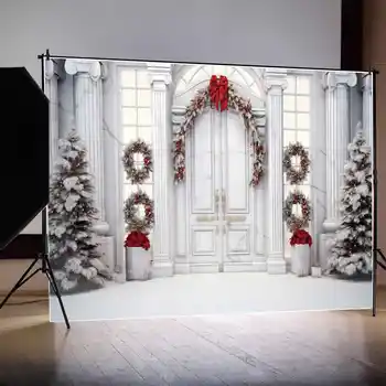 מון.QG צילום רקע לבן חג המולד השיש מרקם המרפסת שלג עץ אורן זר רקע קיר הטירה הדלת קישוטים
