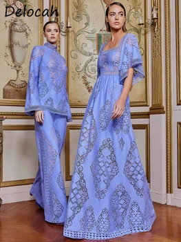 Delocah באיכות גבוהה קיץ נשים אופנה מסלול כחול הדפסה השמלה הזיקוק קצר השרוול גבוה המותניים חלול החוצה עיצוב שמלות ארוכות