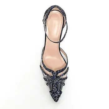 חדש מחודד בוהן Rhinestones נשים סנדלים נקבה שקוף דק גבוהים נעלי חתונה סקסי Pu אבזם רצועות משאבות בתוספת גודל 42