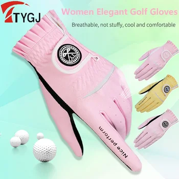 Ttygj 1 זוג כפפות גולף שמאל, יד ימין Pu כפפות נשים, נשים נגד החלקה גרגרי כפפת הגומי לנשימה כפפות אלגנטי