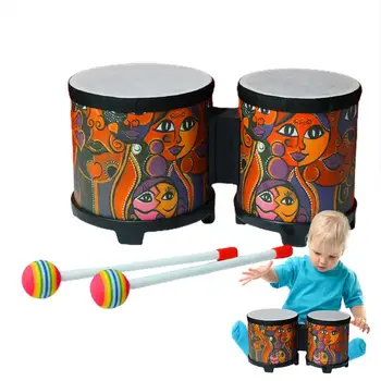 ילדים בונגו ילדים תופים כלי הקשה מוסיקלי-צעצוע עץ תוף עם 2 צבעוני מקל תיפוף בעבודת יד תופים לילדים