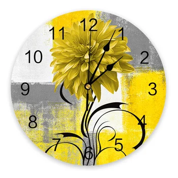 דליה ציור שמן קו צמח צהוב גדול שעון קיר פינת קפה מסעדה בעיצוב עגול שעוני קיר שקט קישוט הבית