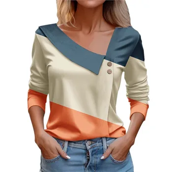 אלגנטי נשים חולצות טי-שירט אביב מקרית גיאומטריות לחסום את כפתור הדפסה רב-השרוול V-צוואר משרד ליידי לבן חולצות לנשים