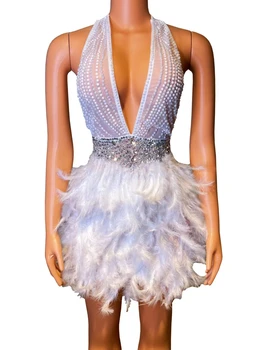 סקסי, נוצץ נצנצים עמוק צוואר V HalterFeather שמלה שקופה לחגוג EveningProm שמלת יום ההולדת נשים מועדון CostumeA050