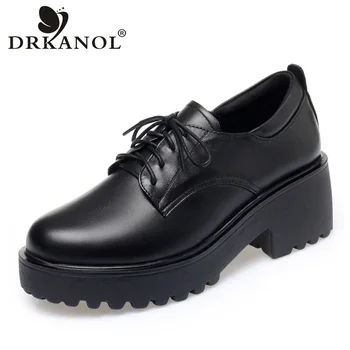DRKANOL אופנה נשים נעלי העקב גבוה תחרה למעלה עגול הבוהן עבה פלטפורמת העקב עבה עור אמיתי נעליים מזדמנים גודל גדול 35-42