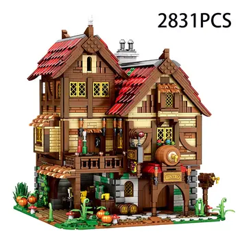 העיר ברחוב נוף אירופאי של המאה ימי הביניים המרזח, הבית בכפר בניית מודל בלוקים לבנים צעצועים מתנות יום הולדת לילדים ילדים