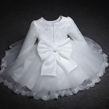בייבי בנות שמלת נסיכת שרוול ארוך 1 שנה יום הולדת Vestido לבן תחרה התינוק שמלת הטבלה מסיבת היילוד טבילת בגדים