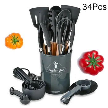 34Pcs סיליקון כלי מטבח מסודר עם ידית עץ באיכות גבוהה שאינו מקל מרית כלי בישול כלי בישול כלי מטבח