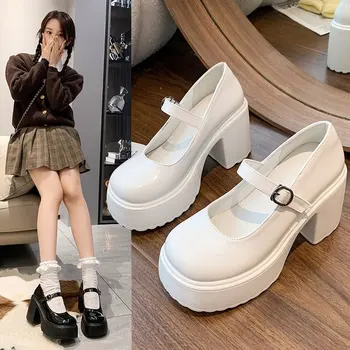2023 סתיו בנות נעלי ג ' יין מארי הבריטי בסגנון יפני לוליטה עקב גבוה רטרו לבן פלטפורמת נעלי העקב עבה של נשים משאבות