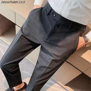 סתיו באיכות גבוהה פסים המכנסיים Mens עסקים Slim Fit מוצק צבע המכנסיים המשרד חברתית מסיבת חתונה שמלה מכנסיים