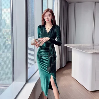 נשים רשמי שמלת מסיבת 2023 חדש קוריאני V צוואר הירך לעטוף עם שרוולים ארוכים סלים שמלה נשית Bodycon מזדמנים במשרד שמלות ארוכות
