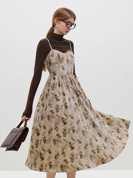 FSLE קורדרוי פרחוני Suspender שמלה עבור נשים סתיו חורף מותאמים 2023 שמלה חדשה עבור נשים גבוהה המותניים מזדמן חופשי השמלה