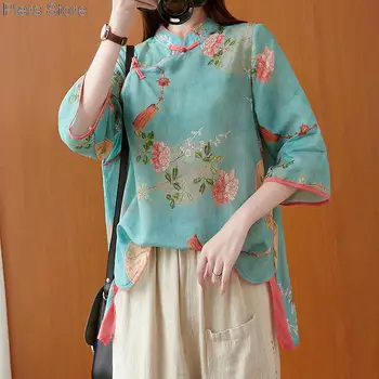 כותנה, פשתן טאנג חליפה של נשים סתיו חדש בסגנון סיני הדפסה רופף שלושה רבעים שרוול תה שירות טי-שירט