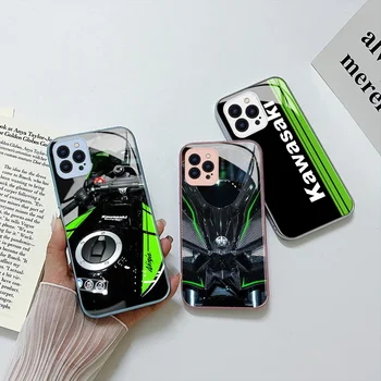 אופנוע K-הנינג ' ה מירוץ Kawasakies מטאלי-צבע מקרה טלפון עבור iPhone 15 14 13 12 11 Pro Mini Max X פלוס XS זכוכית כריכה קשה