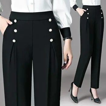 משרד ליידי דק מזדמן חליפות מכנסיים קוריאני אופנה אביב קיץ אופנת רחוב אלסטיות גבוהה המותניים כל-התאמה מוצק נשים מכנסיים N2