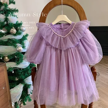 בנות קוריאני ילדים השמלה ילדים בועה שרוול נפוח שמלה 2023 סתיו מתוק שמלת נסיכה