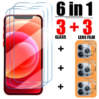 6in1 זכוכית מחוסמת לאייפון 11 Pro מקס 12 13 14 מיני Pro XR XS מקס המצלמה מגן מסך לאייפון 7 8 6 6 פלוס זכוכית