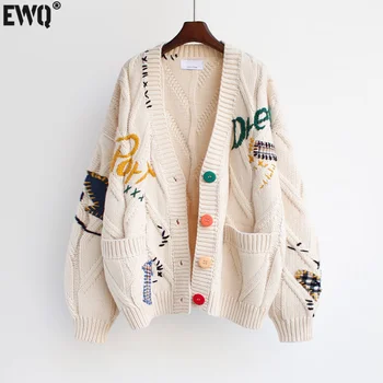 [EWQ] סתיו אביב 2023 סוודר חם סרגה סוודר מעיל כיס רקמה אופנה לסרוג אפודות מעיל גברת חופשי סוודרים