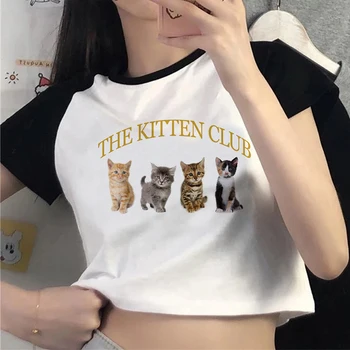 אופנה קוריאנית העליון של נשים אסתטיקה מועדון חתול אגדה גותית קומיקס חמוד Harajuku בגדים שרוול קצר למעלה y2k פאנק emo