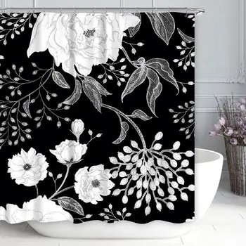 שחור פרח האמבטיה וילון המקלחת,עיצוב מודרני בד רוז וילון בלק אנד ווייט,פרחוני ייחודי אמנות עיצוב וילונות אמבטיה