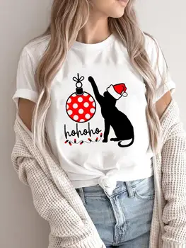 חתול מקסים קריקטורה נשים שמחות החג בגדי חג שמח אופנה נשית הדפסת חולצה T העליון גרפי טי השנה החדשה חולצות