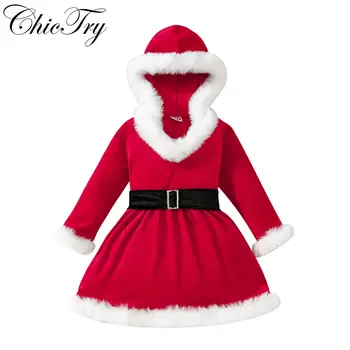 ילדה נסיכה חג המולד להתלבש בתחפושת גברת קלאוס מפואר שמלת ערב עם ברדס חג המולד שנה החדשה סנטה פסטיבל המפלגה שמלת קטיפה.