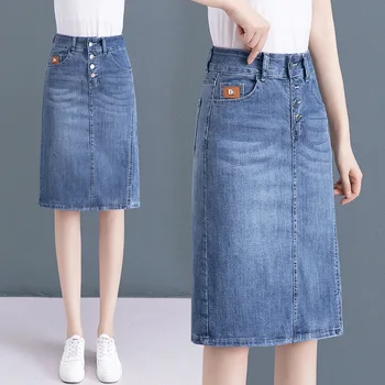 WAYOFLOVE נשים כחול ג 'ינס, חצאית חבילת היפ כפתור גבוהה המותניים רזה באמצע חצאיות חדש קיץ נשי מזדמן אופנת רחוב ג' ינס חצאית