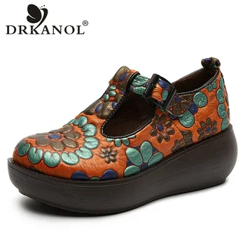 DRKANOL פלטפורמת נעלי נשים האביב הדפסה עור אמיתי עגול הבוהן אבזם רצועה בסגנון אתני טריזים עקב אמא נעליים H720L