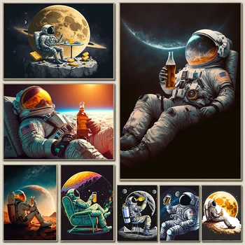 המודרני בירה בחלל החיצון כדור הארץ אסטרונאוטים לירח, ציור על בד, פוסטרים הדפסים Cuadros אמנות קיר תמונות עבור חיים עיצוב חדר