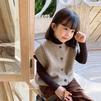 2021 קוריאה באביב ובסתיו החדש בנים ובנות מעיל אופנה לילדים צמר לסרוג סוודר סוודר חם האפוד ללבוש החיצוני.