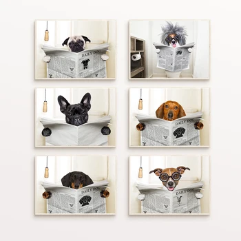 בולדוג צרפתי הכלב יושב על האסלה קוראת מגזין אמנות בד פוסטר הדפסה מצחיק אמנות ציור תמונת קיר אמבטיה עיצוב