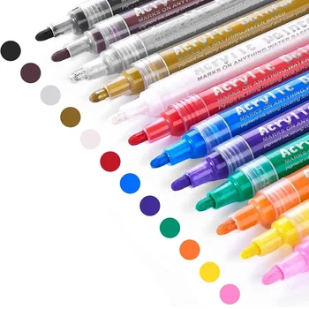 צבע אקרילי עטים, 12 צבעים צבע עמיד למים אמנות סמן העט על רוק ציור, DIY פרוייקטים מלאכה, קרמיקה, זכוכית, בד