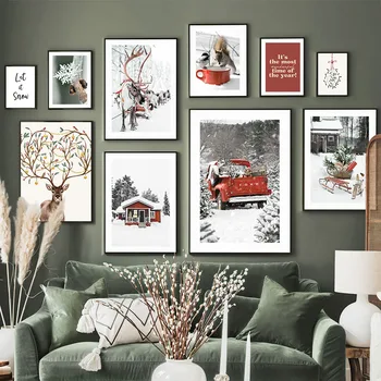 חג המולד מכונית אדומה Girft תיבת צבי פתית שלג קיר אמנות בד הציור נורדי פוסטרים, הדפסת תמונות קיר הסלון בבית