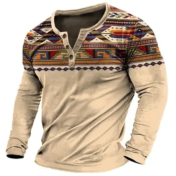 בציר גברים חולצות 3d הנלי חולצת טי גרפי שרוול ארוך חולצות T V צוואר כותנה כפתור למטה מנופחים זכר חולצת טי סוודר