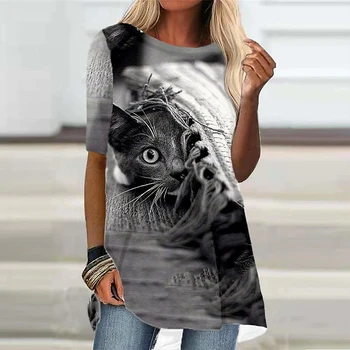 ציור מופשט 3D הדפסת חולצה אופנת נשים שרוול קצר חולצת טריקו בגדי נשים שרוול קצר חתול הדפסת חולצה